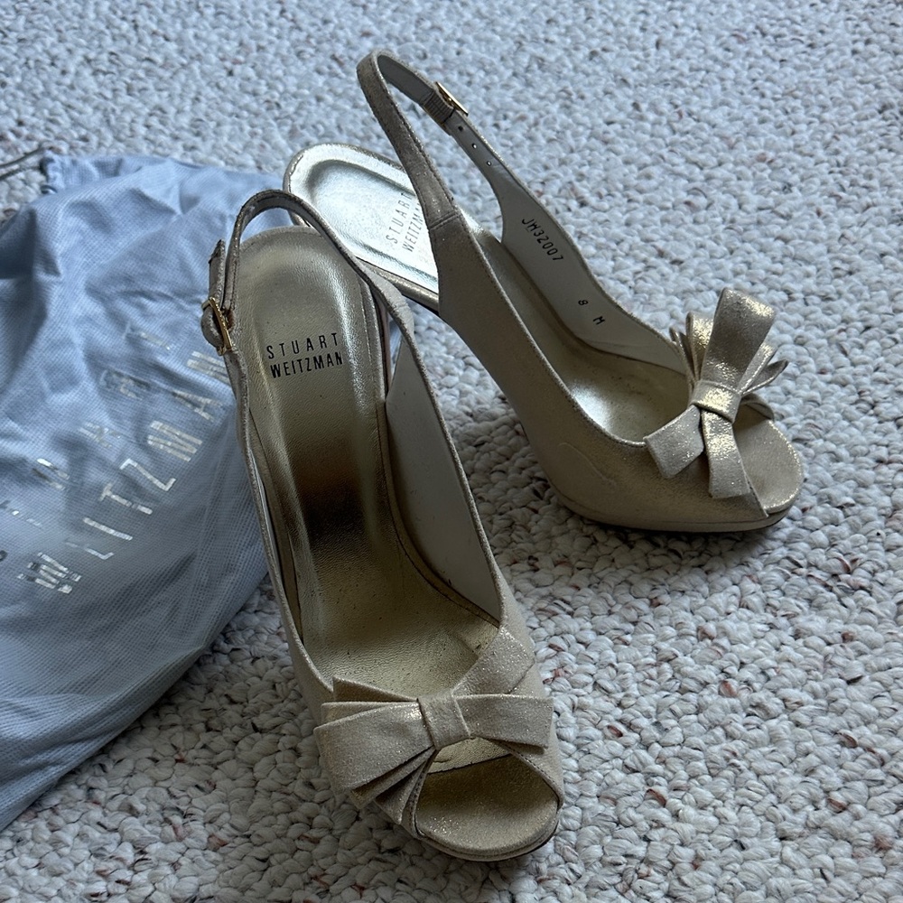Stuart Weitzman Gold Bow Slingback Heels